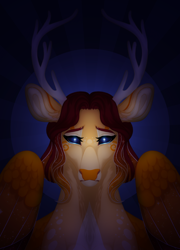 Size: 1570x2182 | Tagged: safe, artist:vintagefeline, imported from derpibooru, oc, oc only, oc:lacuna, deer, deer pony, hybrid, original species, bust, female, interspecies offspring, looking at you, offspring, parent:king aspen, parent:princess celestia, parents:aspenlestia, solo