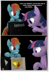 Size: 686x1006 | Tagged: safe, artist:edward256, imported from derpibooru, rainbow dash, twilight sparkle, pegasus, pony, unicorn, fanfic:austraeoh, 2 panel comic, 3d, blender, blender cycles, book, comic, element of loyalty, eyelashes, fanfic art, female, grin, mare, not sfm, sfm pony, smiling, source filmmaker, talking, thinking, unicorn twilight, wide eyes