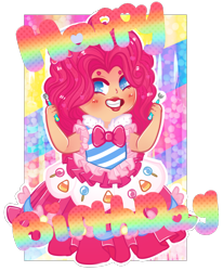 Size: 908x1102 | Tagged: safe, artist:lonepuddingcup, imported from derpibooru, pinkie pie, human, bowtie, clothes, dignified wear, dress, female, gala dress, grin, happy birthday, humanized, lipstick, smiling