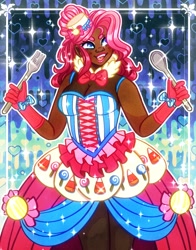 Size: 1100x1400 | Tagged: safe, artist:lonepuddingcup, imported from derpibooru, pinkie pie, human, abstract background, bowtie, clothes, dark skin, dress, female, gala dress, gloves, grin, humanized, lipstick, smiling, spoon