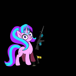 Size: 900x900 | Tagged: safe, artist:slamjam, imported from derpibooru, starlight glimmer, ar-15, ar15, black background, flag, gadsden flag, gun, magic, plant, rifle, simple background, sprout, telekinesis, weapon