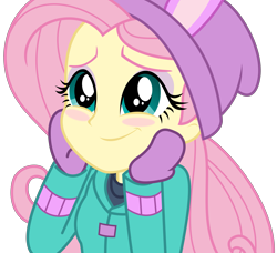 Size: 3491x3178 | Tagged: safe, artist:sketchmcreations, imported from derpibooru, fluttershy, equestria girls, equestria girls series, holidays unwrapped, spoiler:eqg series (season 2), blizzard or bust, blushing, bunny ears, clothes, coat, cute, eye shimmer, female, gloves, hand on face, hands on cheeks, hands on face, happy, hat, mittens, shyabetes, simple background, smiling, solo, toque, transparent background, vector, winter outfit