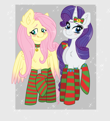 Size: 2976x3266 | Tagged: safe, artist:dreamy990, artist:nightydream, imported from derpibooru, fluttershy, rarity, pegasus, pony, unicorn, bell, bell collar, blushing, bow, cat bell, chest fluff, choker, christmas, clothes, collar, colored wings, colored wingtips, duo, ear fluff, holiday, looking at you, looking away, raised hoof, ribbon, smiling, socks, sparkles, spread wings, standing, striped socks, tail bow, wings