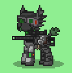 Size: 333x338 | Tagged: safe, imported from derpibooru, oc, oc only, oc:nettea, pegasus, pony, armor, ashes town, green background, gun, pegasus oc, pipbuck, power armor, rifle, simple background, sniper, sniper rifle, solo, weapon, wings