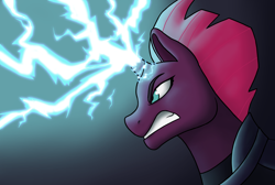 Size: 4454x3000 | Tagged: safe, artist:verikoira, imported from derpibooru, tempest shadow, pony, unicorn, armor, broken horn, bust, electricity magic, female, glowing horn, gradient background, gritted teeth, horn, lightning, looking at someone, looking away, mare, profile, solo