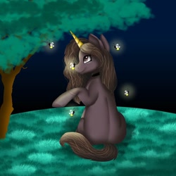 Size: 1080x1080 | Tagged: safe, artist:rxndxm.artist, imported from derpibooru, oc, oc only, firefly (insect), insect, pony, unicorn, choker, horn, raised hoof, smiling, tree, unicorn oc