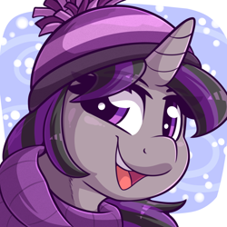 Size: 2000x2000 | Tagged: safe, artist:graphene, imported from derpibooru, oc, oc only, oc:magna-save, pony, unicorn, bust, christmas, clothes, cute, eye clipping through hair, female, hat, holiday, looking at you, mare, scarf, simple background, smiling, snow, solo, winter, winter hat, winter outfit