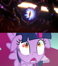 Size: 1920x2160 | Tagged: safe, imported from derpibooru, twilight sparkle, alicorn, season 9, the ending of the end, spoiler:s09, comparison, crossover, dharkon, floppy ears, nintendo, shrunken pupils, super smash bros., super smash bros. ultimate, terrified, twilight sparkle (alicorn), world of light