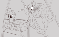 Size: 2610x1660 | Tagged: artist needed, source needed, safe, coco pommel, oc:thingpone, earth pony, pony, clothes, eye, eyes, female, ferris wheel, hat, mare, monochrome, necktie, suprise, tentacles