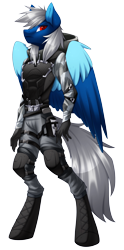 Size: 1456x2938 | Tagged: safe, artist:scarlet-spectrum, imported from derpibooru, oc, oc:trade wind, oc:ward, anthro, anthro oc, armor, boots, clothes, colored wings, commission, hoodie, multicolored wings, pants, red eyes, shoes, simple background, solo, tom clancy's the division, transparent background, wings