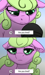 Size: 1417x2362 | Tagged: artist needed, safe, artist:compound lift, imported from derpibooru, daisy, flower wishes, earth pony, pony, dialogue, drawthread, ear fluff, female, floppy ears, interview, mare, microphone, mood, question, reaction image, solo, tired