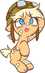 Size: 582x942 | Tagged: safe, artist:pestil, imported from ponybooru, imported from twibooru, oc, oc:oasis (shino), earth pony, pony, bandage, bandaid, cute, eye clipping through hair, female, filly, goggles, helmet, looking up, open mouth, smiling
