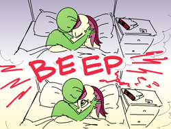 Size: 1000x750 | Tagged: safe, artist:nobody, edit, imported from ponybooru, roseluck, oc, oc:anon, earth pony, human, pony, series:anon's alarm clock, alarm clock, bed, clock, cuddling, female, good end, human on pony snuggling, laying on bed, mare, on bed, sleeping, smiling, snuggling