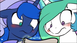 Size: 1280x720 | Tagged: safe, artist:valcron, princess celestia, princess luna, alicorn, pony, blushing, colored pupils, cropped, cute, duo, female, floppy ears, frown, magic, mare, reaction image, scroll, siblings, sisters, telekinesis, wide eyes