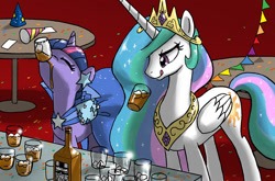 Size: 1366x899 | Tagged: source needed, safe, artist:johnjoseco, princess celestia, twilight sparkle, alicorn, pony, unicorn, alcohol, clothes, crown, dress, drinking, ear piercing, earring, hat, jewelry, licking, licking lips, party hat, peytral, piercing, regalia, tongue out, unicorn twilight