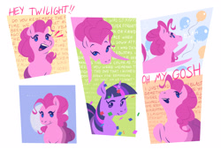 Size: 3888x2642 | Tagged: safe, alternate version, artist:danfango, artist:itsdanfango, imported from derpibooru, pinkie pie, twilight sparkle, earth pony, pony, unicorn, balloon, blah blah blah, confetti, cute, dialogue, diapinkes, female, mare, open mouth, talkative, talking, unicorn twilight