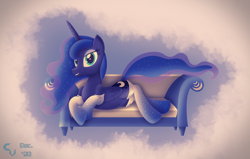 Size: 4494x2863 | Tagged: safe, artist:cosmikvek, imported from derpibooru, princess luna, alicorn, pony, belly button, clothes, couch, female, looking at you, luna day, mare, simple background, socks, solo, thigh highs