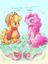 Size: 400x533 | Tagged: safe, artist:osawari-64, artist:osawari64, artist:unidraky, imported from derpibooru, applejack, pinkie pie, earth pony, pony, duo, female, grass, hat, mare, open mouth, signature, sitting, smiling, unshorn fetlocks