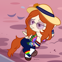 Size: 3000x3000 | Tagged: safe, artist:jelisicli, imported from derpibooru, oc, oc only, oc:aurora sunflower, pegasus, pony, clothes, commission, female, filly, flats, hat, pants, raised eyebrow, shirt, shoes, solo, sun hat, sunglasses, t-shirt, unamused, wristband, ych result