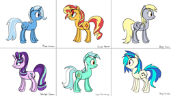 Size: 3840x2160 | Tagged: safe, artist:byteslice, imported from derpibooru, derpy hooves, dj pon-3, lyra heartstrings, starlight glimmer, sunset shimmer, trixie, vinyl scratch, pegasus, pony, unicorn, 4k, colored sketch, eye clipping through hair, female, folded wings, mare, simple background, sketch, white background, wings