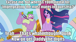 Size: 1280x720 | Tagged: safe, edit, imported from derpibooru, screencap, spike, twilight sparkle, alicorn, dragon, pony, the last problem, caption, crown, duo, female, flowing mane, flowing tail, gigachad spike, image macro, implied impregnation, jewelry, low effort, male, medal, meme, older, older spike, older twilight, pimpin' ain't easy, princess of friendship, princess twilight 2.0, regalia, sitting, spike gets all the mares, straight, text, throne, throne room, twilight sparkle (alicorn), winged spike, wings