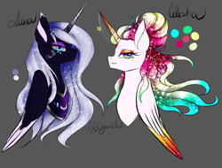 Size: 1707x1300 | Tagged: safe, artist:minelvi, imported from derpibooru, princess celestia, princess luna, alicorn, pony, alternate design, alternate hairstyle, bedroom eyes, bust, duo, ethereal mane, eyelashes, female, galaxy mane, hair bun, horn, horn jewelry, jewelry, makeup, mare, peytral, reference sheet, siblings, sisters