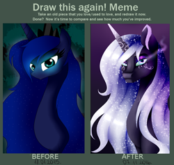 Size: 784x744 | Tagged: safe, artist:minelvi, imported from derpibooru, princess luna, alicorn, pony, alternate design, bedroom eyes, bust, comparison, draw this again, ethereal mane, eyelashes, female, galaxy mane, glowing eyes, gradient background, jewelry, makeup, mare, redraw, sombra eyes, tattoo, tiara