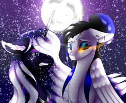 Size: 1466x1200 | Tagged: safe, artist:minelvi, imported from derpibooru, princess luna, oc, oc:cyan crystal, alicorn, pegasus, pony, bust, crying, ear piercing, eyelashes, eyes closed, female, full moon, gritted teeth, makeup, mare, moon, night, pegasus oc, piercing, sombra eyes, wings