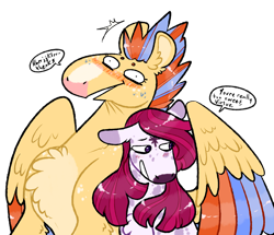 Size: 932x800 | Tagged: safe, artist:fastserve, imported from derpibooru, oc, oc only, oc:guards virtue, oc:morning light, pegasus, pony, unicorn, blushing, chest fluff, colored wings, female, flustered, lesbian, magical gay spawn, magical lesbian spawn, mare, oc x oc, offspring, offspring shipping, parent:flash sentry, parent:sunburst, parent:tempest shadow, parent:twilight sparkle, parents:flashburst, parents:tempestlight, shipping, simple background, speech bubble, transparent background, wings
