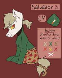 Size: 1039x1296 | Tagged: safe, artist:friendlyarts, imported from derpibooru, oc, oc only, oc:salvador, earth pony, pony, boxers, cigarette, clothes, male, ponytail, reference sheet, solo, stallion, underwear, yellow eyes