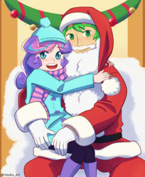 Size: 808x989 | Tagged: safe, artist:riouku, imported from derpibooru, princess flurry heart, spike, human, christmas, clothes, commission, costume, fake beard, holiday, hug, humanized, santa costume, uncle spike, winter outfit