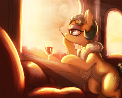 Size: 2500x2000 | Tagged: safe, artist:t72b, imported from derpibooru, cleopatra jazz, earth pony, pony, alcohol, chair, cigarette, crepuscular rays, feather boa, glass, pillow, sitting, smoking, solo, sunset, window, wine, wine glass