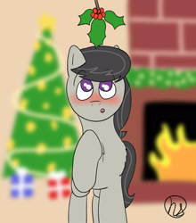 Size: 2900x3300 | Tagged: safe, artist:demitri, imported from derpibooru, octavia melody, earth pony, pony, blurred background, blurry background, blushing, chest fluff, christmas, christmas lights, christmas presents, christmas tree, female, fire, fireplace, front view, holiday, holly, holly mistaken for mistletoe, looking up, offscreen character, pov, signature, solo, tree, wingding eyes