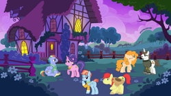 Size: 1136x640 | Tagged: safe, imported from derpibooru, bow hothoof, bright mac, cookie crumbles, hondo flanks, pear butter, windy whistles, female, male, mare, stallion, vector, wife swap