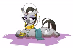 Size: 3588x2413 | Tagged: safe, artist:pabbley, imported from derpibooru, imported from ponybooru, oc, oc only, oc:matriarch zeg'us, pony, zebra, ear piercing, earring, female, jewelry, lidded eyes, lying down, mare, neck rings, piercing, prone, simple background, smiling, solo, underhoof, white background, zebra oc