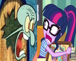 Size: 750x600 | Tagged: safe, edit, edited screencap, imported from derpibooru, screencap, sci-twi, twilight sparkle, equestria girls, equestria girls series, the last day of school, angry, comparison, good neighbors, nickelodeon, shrunken pupils, spongebob squarepants, squidward tentacles, wrong aspect ratio, yelling