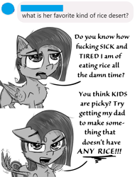 Size: 775x1020 | Tagged: safe, artist:chopsticks, imported from derpibooru, oc, oc only, oc:cookie cutter, ask, ask cookie cutter, female, filly, floppy ears, looking at you, monochrome, tongue out, unamused, vulgar, wing hands, wings