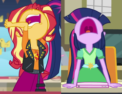 Size: 977x756 | Tagged: safe, edit, edited screencap, imported from derpibooru, screencap, sunset shimmer, twilight sparkle, equestria girls, equestria girls (movie), equestria girls series, rollercoaster of friendship, aaugh!, come on, comparison, geode of empathy, magical geodes, mawshot, nose in the air, open mouth, stop, uvula, volumetric mouth