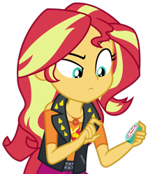 Size: 2581x3047 | Tagged: safe, artist:sketchmcreations, imported from derpibooru, sunset shimmer, equestria girls, equestria girls series, holidays unwrapped, spoiler:eqg series (season 2), clothes, female, geode of empathy, jacket, leather jacket, magical geodes, raised eyebrow, saving pinkie's pie, shoulderless, simple background, skeptical, solo, timer, transparent background, vector