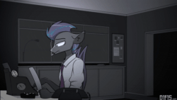Size: 3840x2160 | Tagged: safe, artist:difis, imported from derpibooru, oc, oc:helios aster, anthro, bat pony, animated, cigarette, noir, office, rain, smoking, solo, sound, typewriter, typing, webm