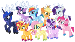 Size: 1024x576 | Tagged: safe, artist:emeraldblast63, idw, imported from derpibooru, applejack, fluttershy, pinkie pie, princess luna, rainbow dash, rarity, starlight glimmer, sunset shimmer, twilight sparkle, alicorn, deer, deer pony, original species, peryton, pony, reindeer, alternate mane seven, deerlight sparkle, mane six, red nose, reindeerified, simple background, species swap, transparent background, twilight sparkle (alicorn)