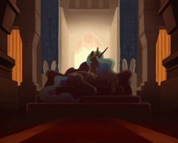 Size: 1089x882 | Tagged: safe, artist:chaosrruruus, artist:fakedog, edit, editor:anonymous, imported from derpibooru, princess celestia, pony, amazing chest ahead, backlighting, chiaroscuro, couch, dark, dark souls, female, gwynevere, lying down, on side, pixiv, sfw edit, shadows, side, silhouette, solo, throne