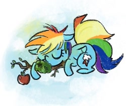 Size: 446x376 | Tagged: safe, artist:laya-21, imported from derpibooru, rainbow dash, pegasus, pony, apple, apple tree, eyes closed, female, food, in a tree, mare, sleeping, solo, tree, tree branch