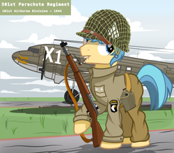 Size: 4000x3500 | Tagged: safe, artist:pizzamovies, imported from derpibooru, oc, oc only, oc:checker blue, pony, series:ponies on the front, 101st airborne, aircraft, c-47 skytrain, canteen, cigarette, ciggarette, clothes, helmet, m1 garand, m1 helmet, male, military uniform, paratrooper, plane, show accurate, smoking, solo, stallion, uniform, world war ii