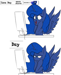 Size: 1800x2200 | Tagged: safe, artist:rocket-lawnchair, imported from derpibooru, princess luna, alicorn, pony, equestria daily, comic, computer, dialogue, female, luna day, mare, monitor, open mouth, smiling, solo, unamused