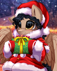 Size: 2550x3209 | Tagged: safe, artist:pridark, imported from derpibooru, part of a set, oc, oc only, oc:gypsy, pegasus, pony, :p, adorable face, blushing, christmas, commission, cute, glasses, hat, high res, holding, holiday, older, present, santa hat, solo, teenager, tongue out, ych result