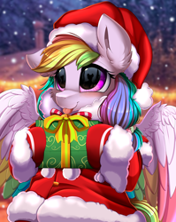 Size: 2550x3209 | Tagged: safe, artist:pridark, imported from derpibooru, part of a set, oc, oc only, oc:prism, pony, :p, adorable face, blue eyes, blushing, christmas, commission, cute, glasses, hat, headset, high res, holding, holiday, present, santa hat, solo, tongue out, ych result