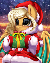 Size: 2550x3209 | Tagged: safe, artist:pridark, imported from derpibooru, part of a set, oc, oc only, oc:misty, bat pony, pony, :p, adorable face, bat pony oc, bat wings, blushing, christmas, commission, cute, glasses, hat, high res, holding, holiday, older, present, santa hat, solo, teenager, tongue out, wings, ych result