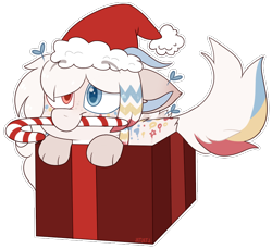 Size: 822x753 | Tagged: safe, artist:jetjetj, imported from derpibooru, part of a set, oc, oc only, oc:kei, draconequus, pony, box, candy, candy cane, commission, female, food, mouth hold, pony in a box, present, simple background, solo, transparent background, ych result