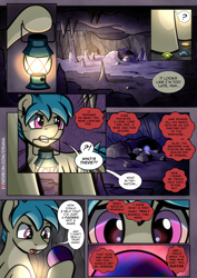 Size: 2480x3508 | Tagged: safe, artist:dsana, imported from derpibooru, oc, oc:fireweed, earth pony, pony, comic:a storm's lullaby, cave, comic, disembodied voice, lantern, magic orb, male, solo, stallion, what in tarnation